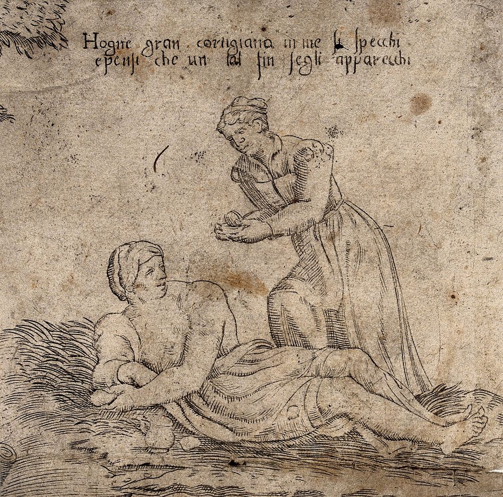A woman offers a gift to a reclining man. Engraving.