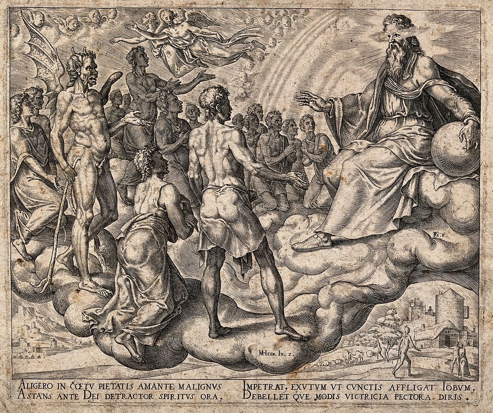 Satan and the sons of God appear before God and challenge him to induce Job to curse God. Engraving by P .Galle, 1563, after…
