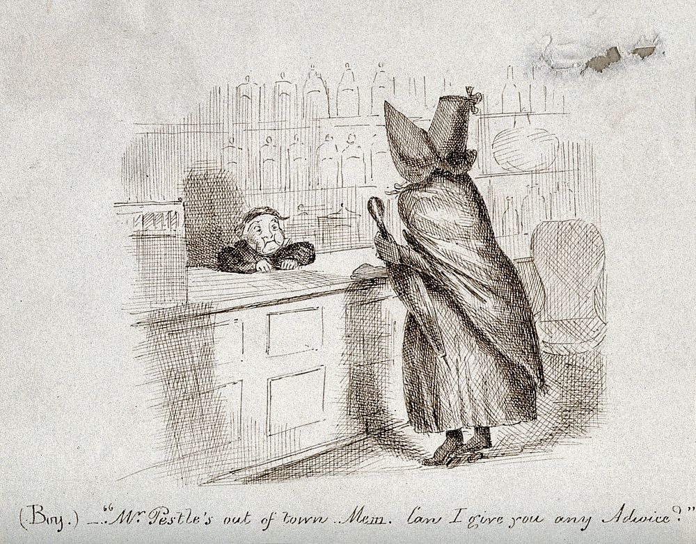A little boy attempting to serve a customer in a pharmacy. Pen drawing, 1846.