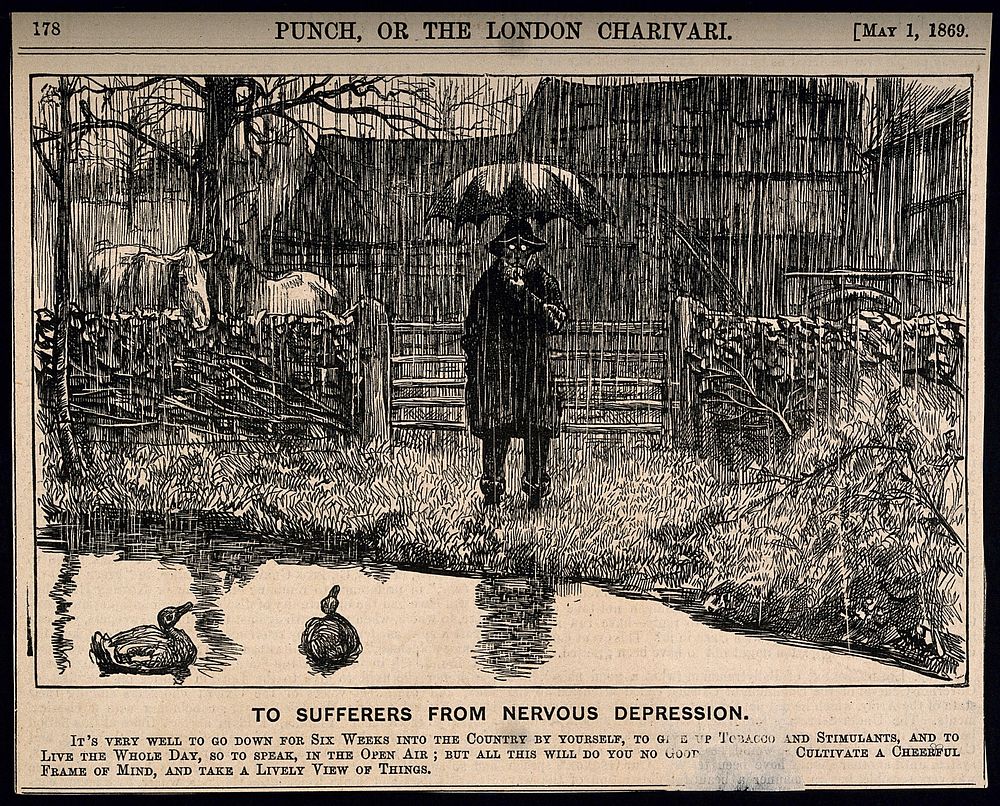 A depressive man standing by a country pond in the pouring rain - not helping his state of mind. Wood engraving, 1869.