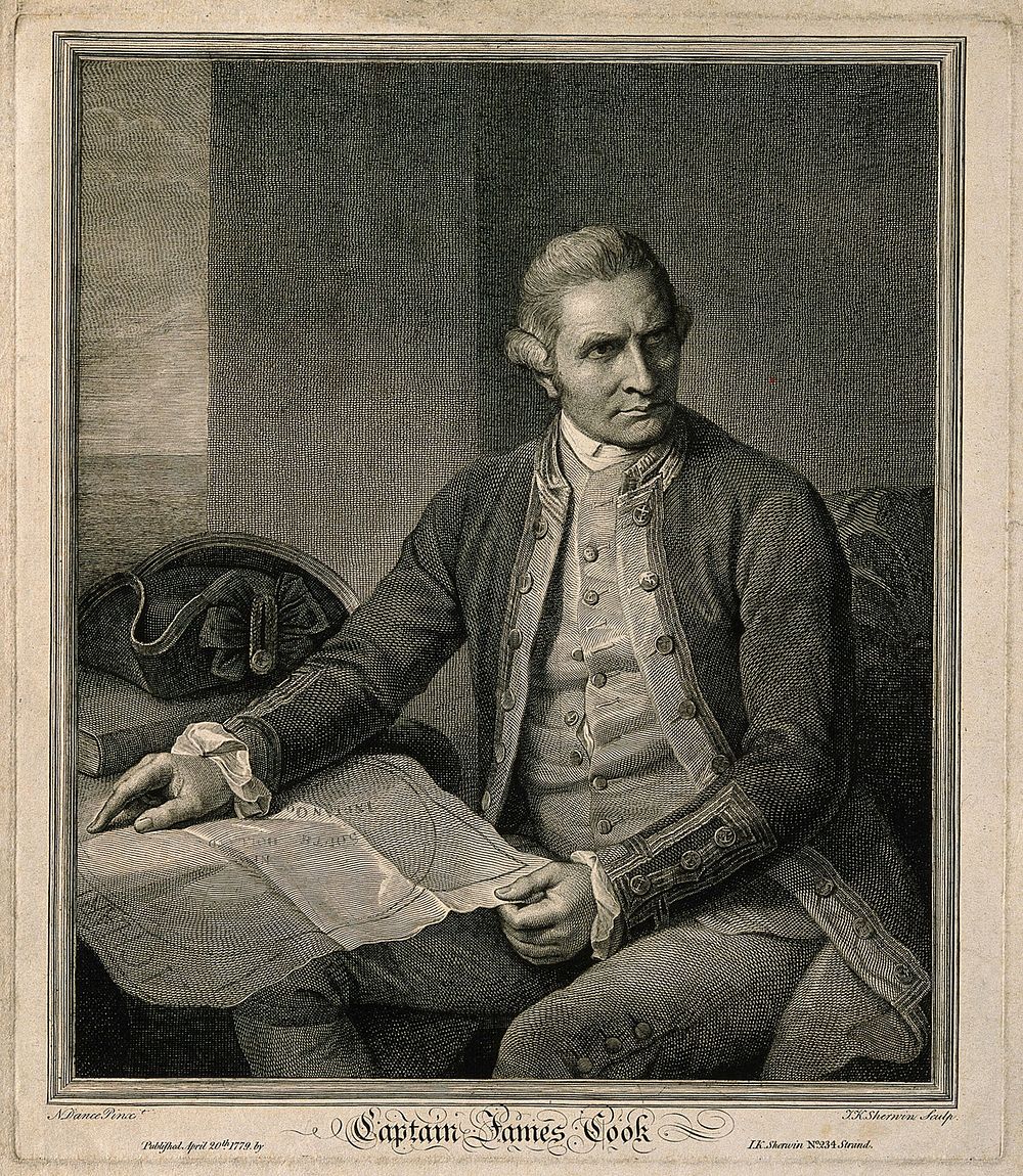 James Cook. Line engraving by J. K. Sherwin, 1779, after Sir N. Dance-Holland, 1776.
