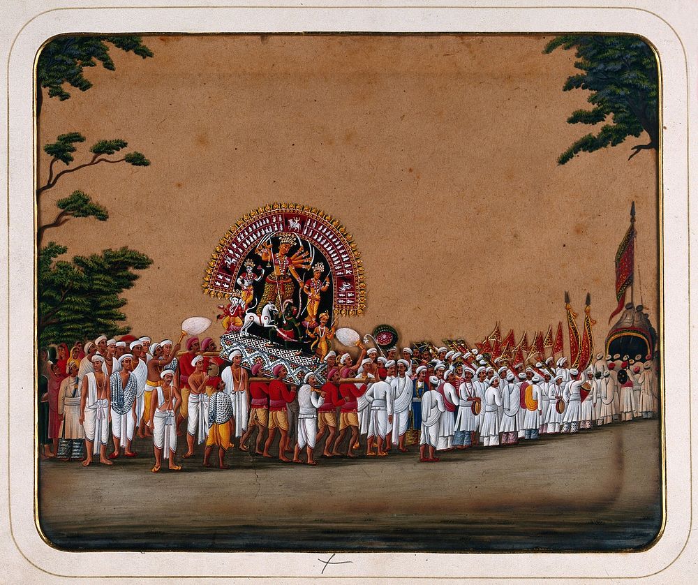 Durga Puja: a procession carrying an idol of Durga to honour her victory over evil. Gouache painting on mica by an Indian…