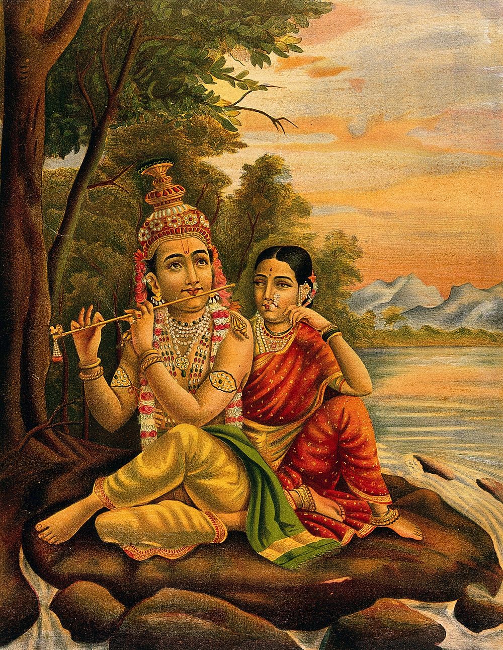 Radha listening to Krishna's flute playing seated by a shoreline. Chromolithograph.