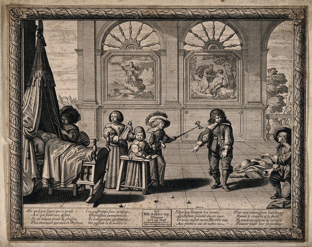 Children playing with various toys, in the background are paintings of the Creation and the creation of Adam. Engraving by…