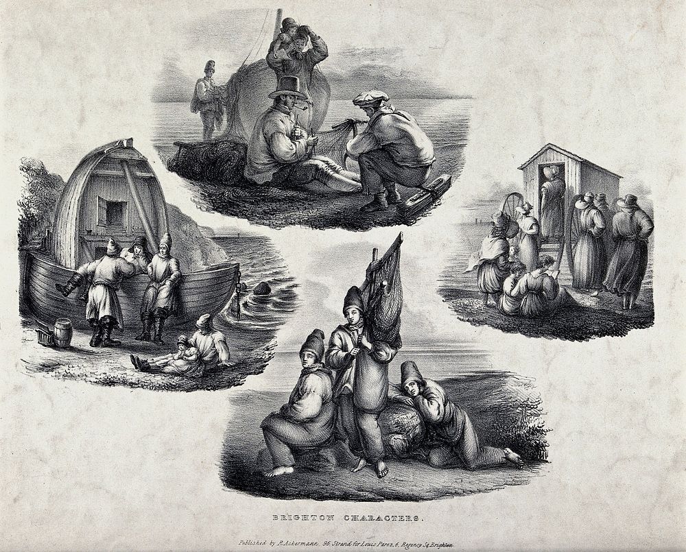 Fishermen at Brighton, and women outside a bathing hut at Brighton. Lithograph after L. Parez.