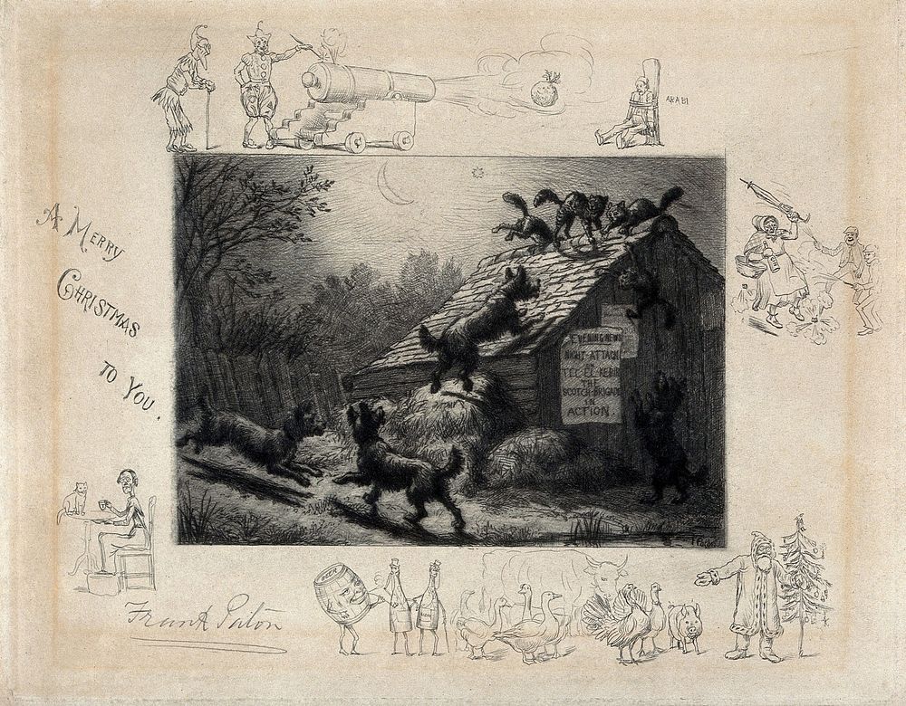 A scene showing a group of cats seeking refuge from dogs on the roof of a barn, is surrounded by vignettes with humourous…