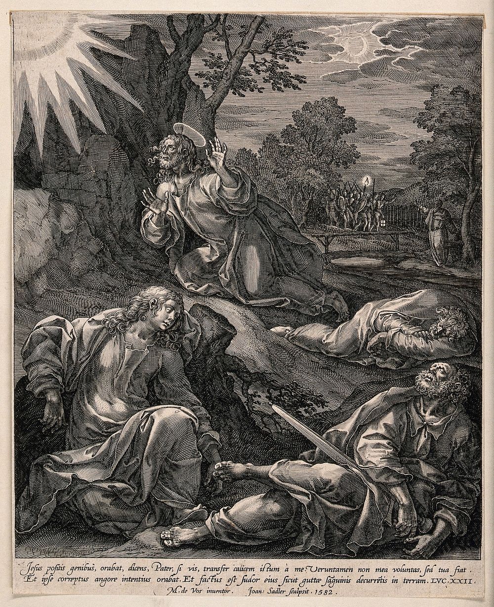 The agony in the garden; the apostles slumber while the soldiers and priests approach. Engraving by J. Sadeler, 1582, after…