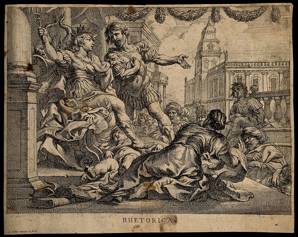 A male and female warrior dispute over a child lying prone underneath; representing rhetoric. Etching by C. Schut.