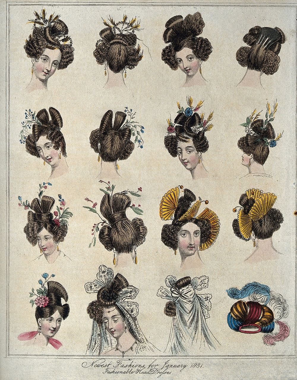 Fifteen heads of women wearing the newest fashionable head-dresses of 1831; also a hat with feathers. Coloured engraving.