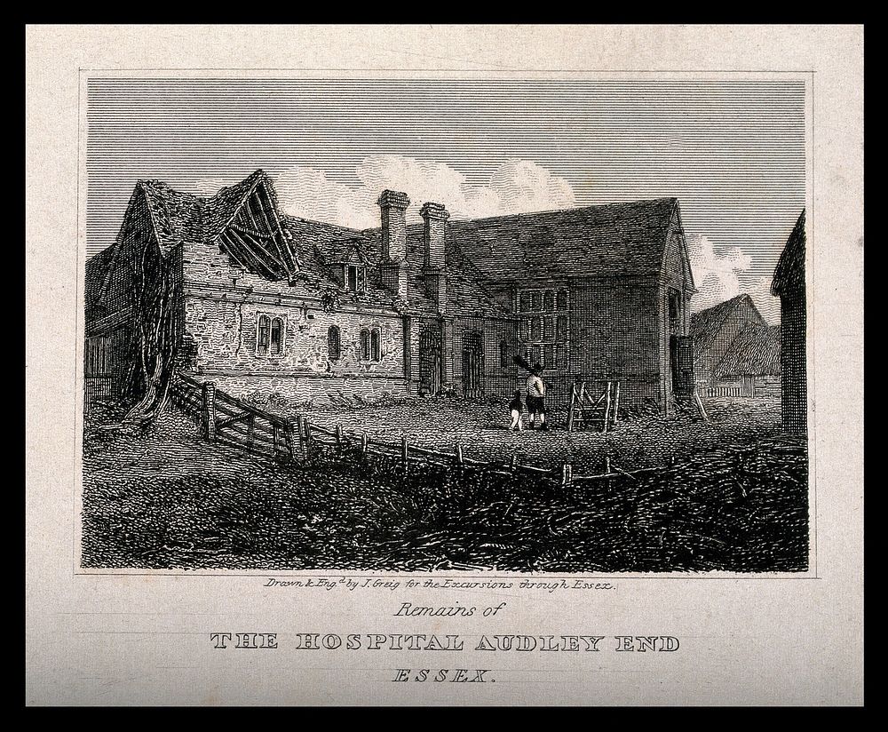 Ruins of Audley End hospital, Essex. Engraving and drawing by J. Greig, 1818.