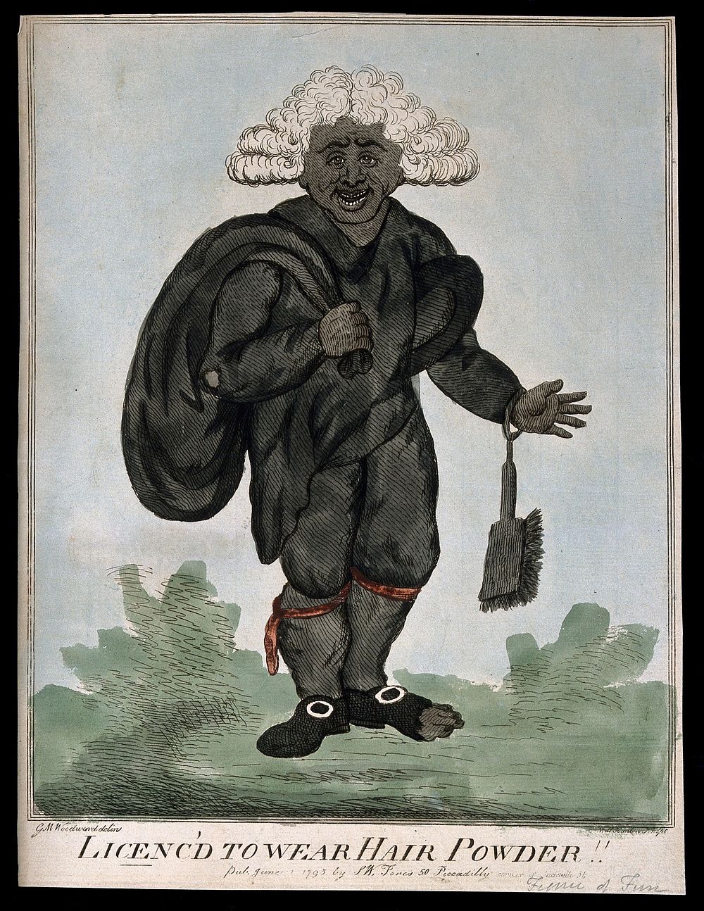 A laughing chimney sweep covered in soot except for his white wig which is glowing with hair powder. Coloured etching by W.…