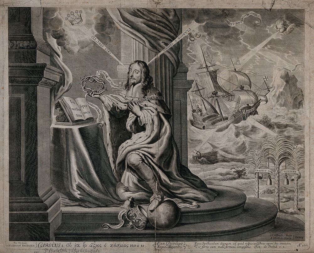 King Charles I praying. Engraving by Abraham Hertochs, 1662 after P. Fruytiers after W. Marshall.