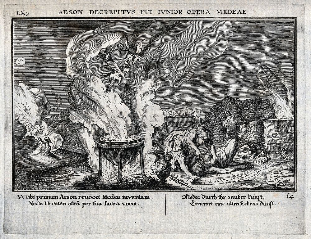 Medea draining the blood of Aeson in order to rejuvenate him with her special brew. Engraving.