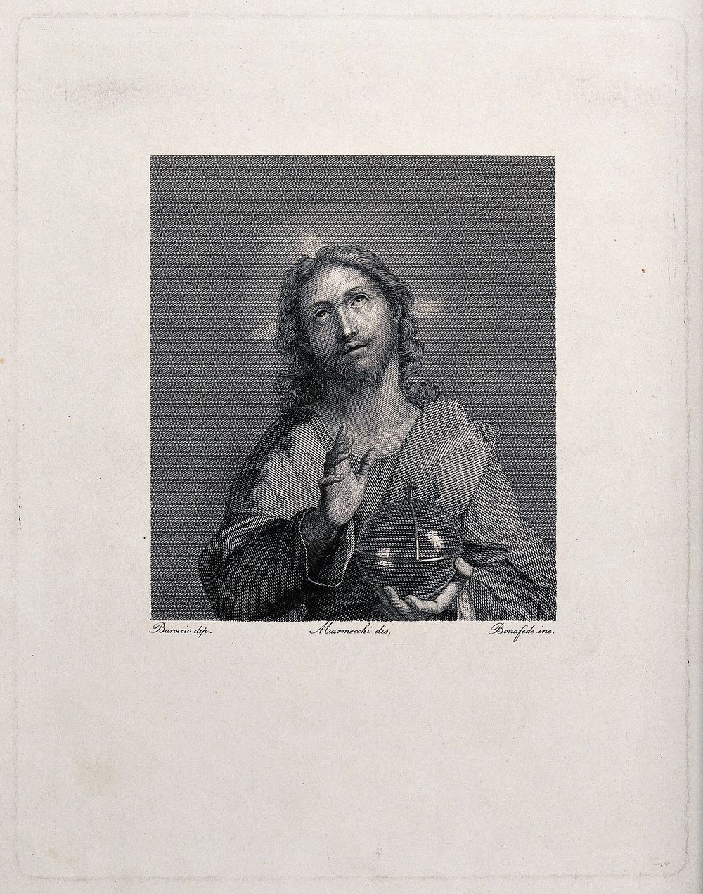Christ as Salvator Mundi. Engraving by G. Bonafede after Marmocchi after F. Barocci.