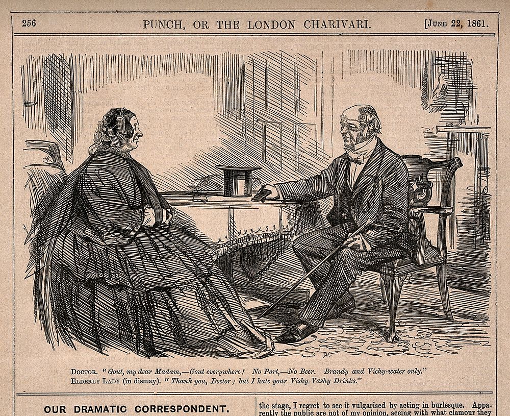 A physician advising his reluctant patient to avoid alcohol having diagnosed gout. Wood engraving, 1861.
