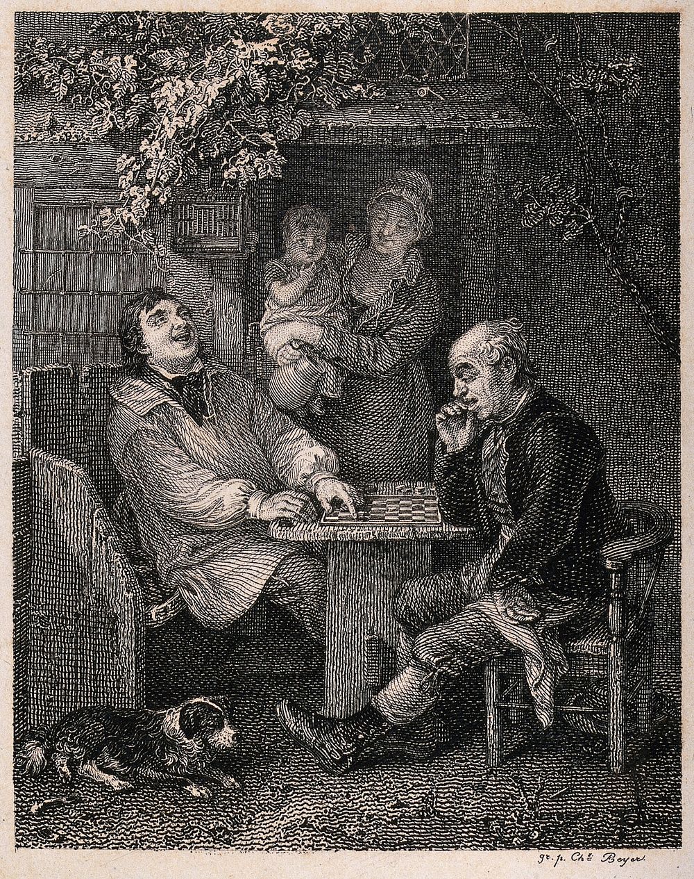 Two men are sitting outside a cottage playing a game of draughts, a woman is standing in the doorway holding a baby and a…