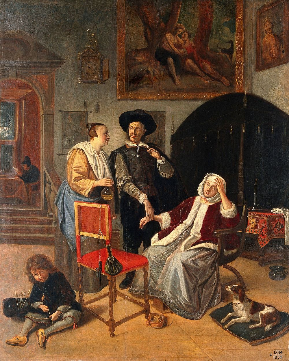 A physician taking the pulse. Oil painting after Jan Steen.