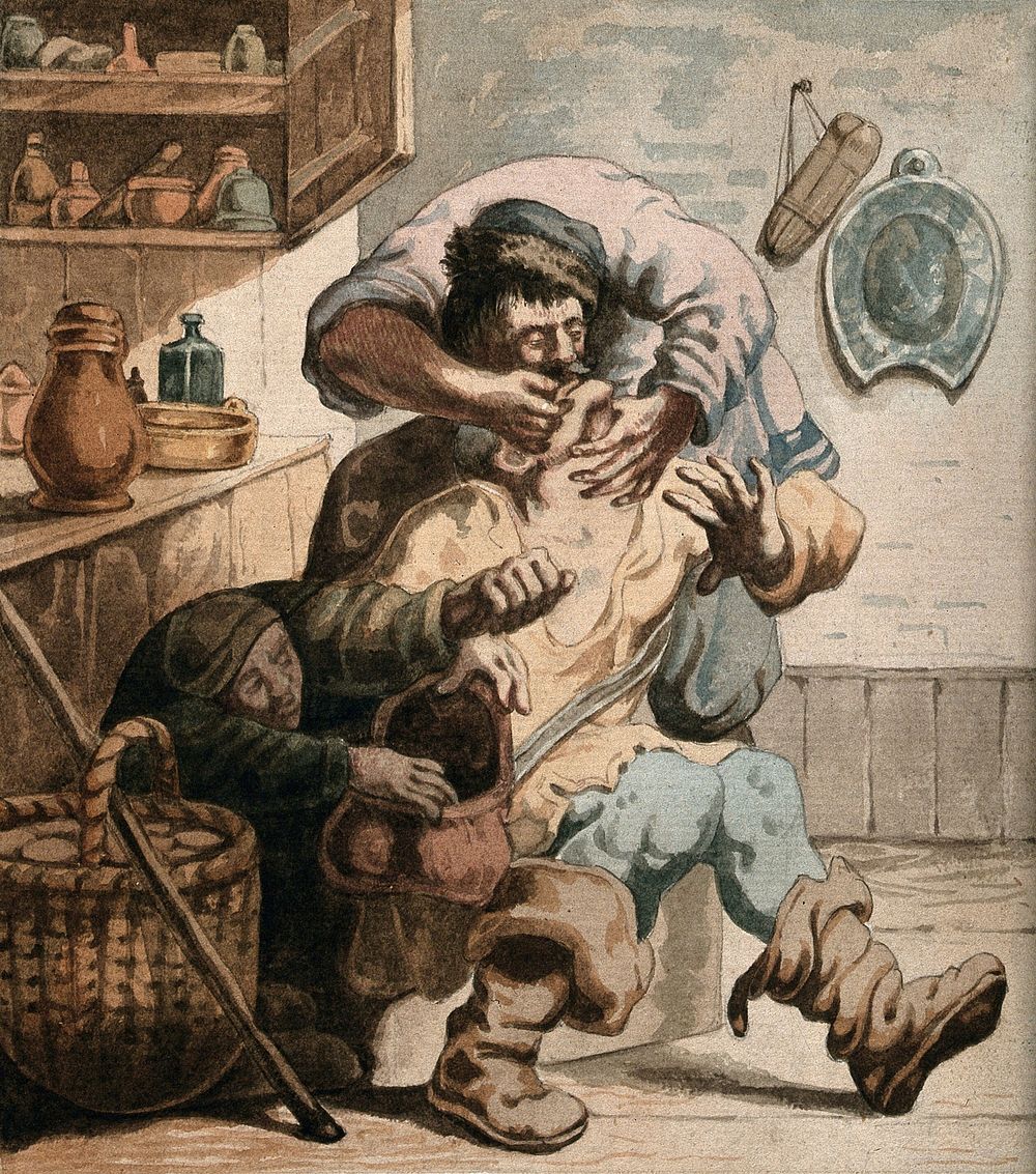 A tooth-drawer extracting a tooth from a seated patient while a woman steals from his bag. Watercolour after J.J. van Vliet.