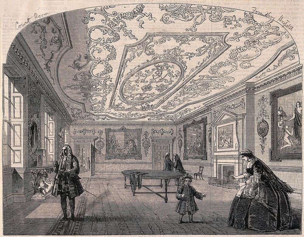 The Foundling Hospital: the interior of the Court Room, with people in eighteenth-century dress. Wood engraving.