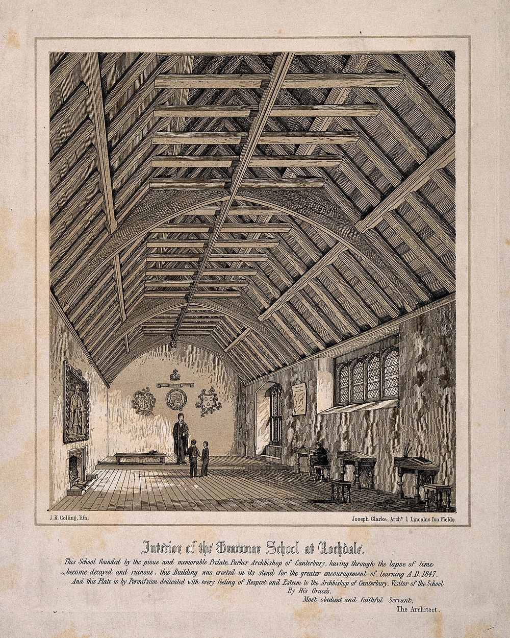 Grammar School, Rochdale, Lancashire: interior. Tinted lithograph by J.K. Colling after J. Clarke.