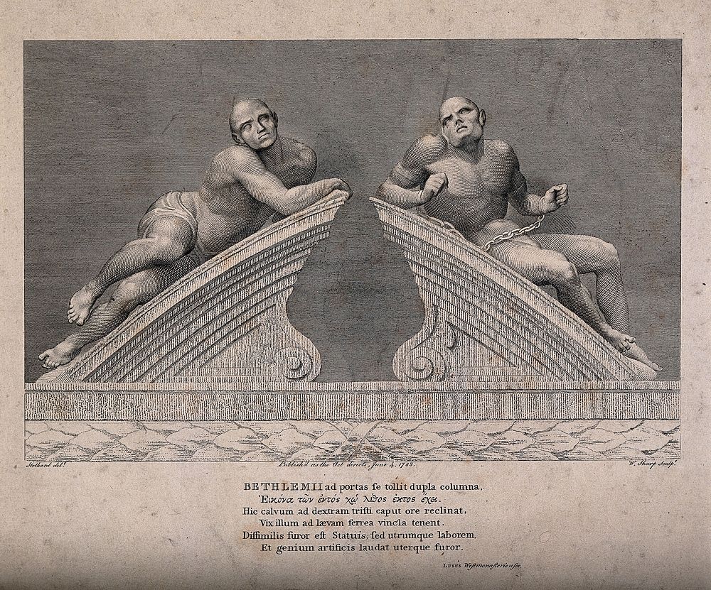 Statues of "raving" and "melancholy" madness, each reclining on one half of a broken segmental pediment, formerly crowning…