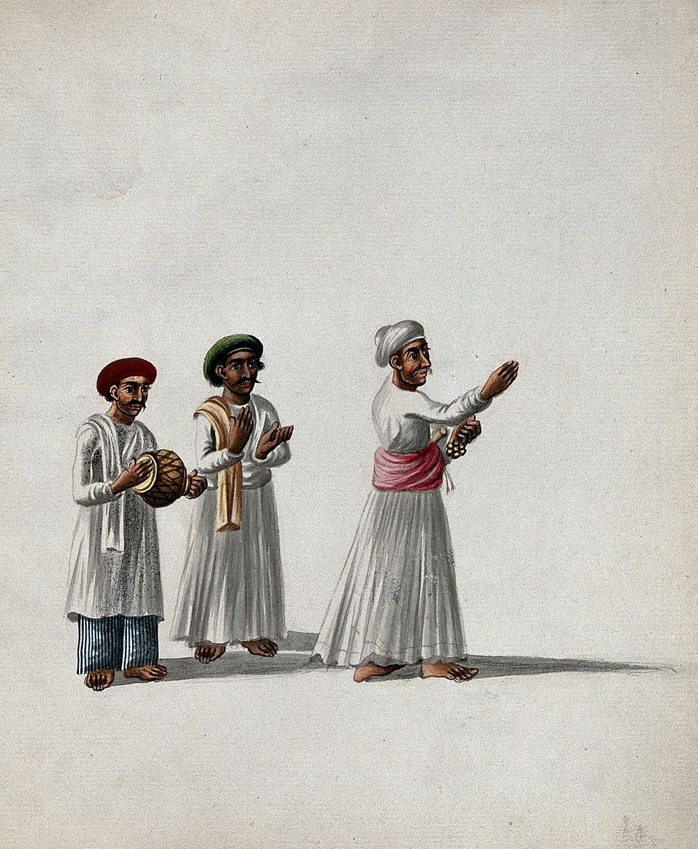 Three musicians performing. Gouache painting by an Indian artist.