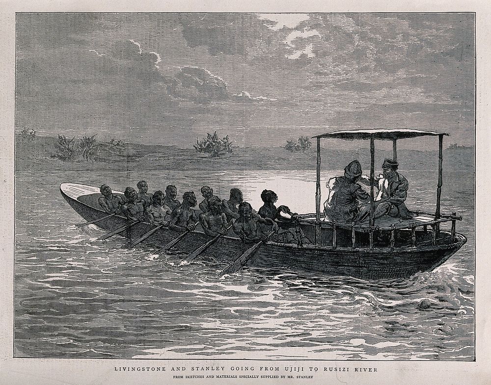 David Livingstone and Henry Morton Stanley on the River Ruzizi. Wood engraving.
