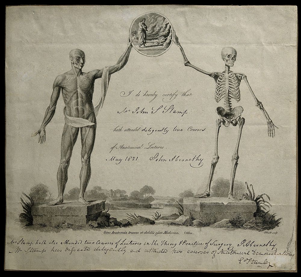 John Abernethy: certificate showing a skeleton and an écorché figure holding aloft a vignette of Galen finding a human…