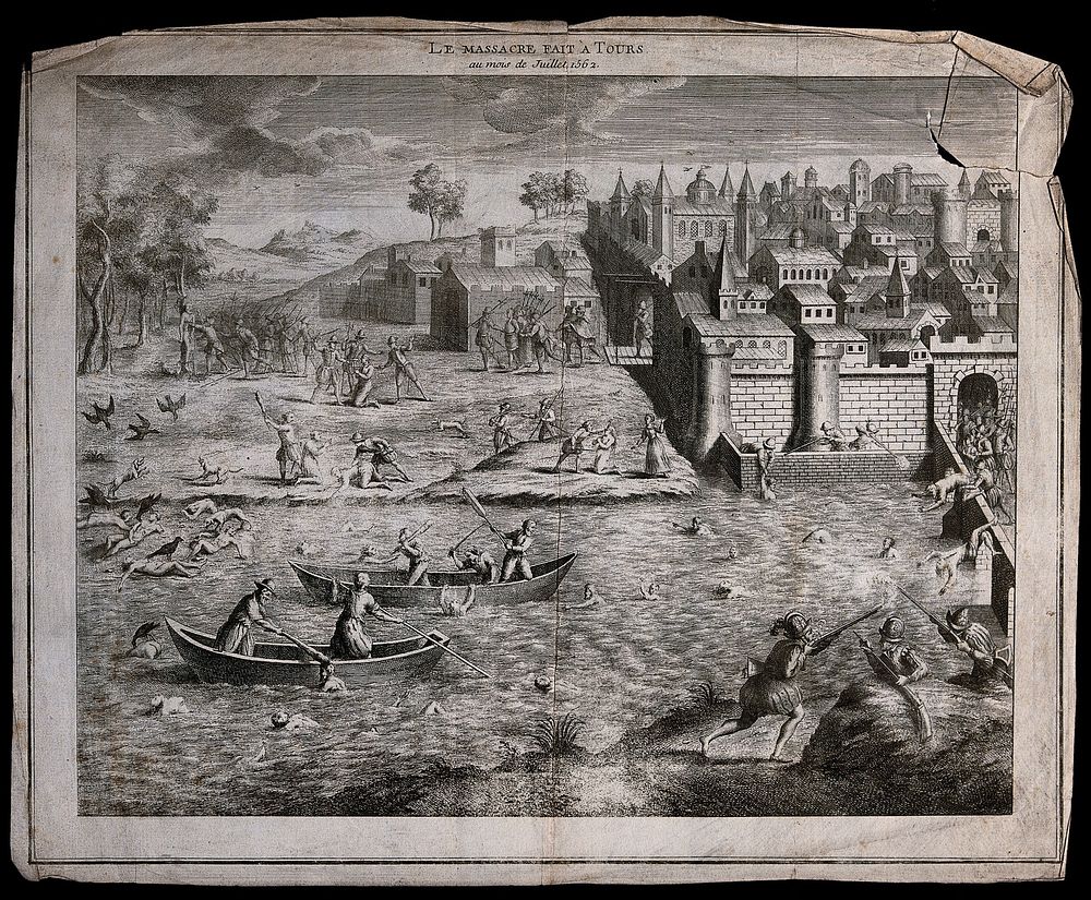 The massacre of Huguenots at Tours: men and women are shot, slaughtered with swords or clubbed to death in the water by…