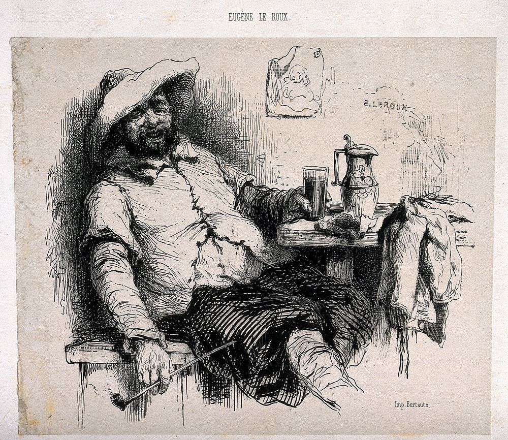 A seated man smoking with a tankard on the table by his side. Reproduction of an etching by A. Pajou, 1878 , after J. L.…