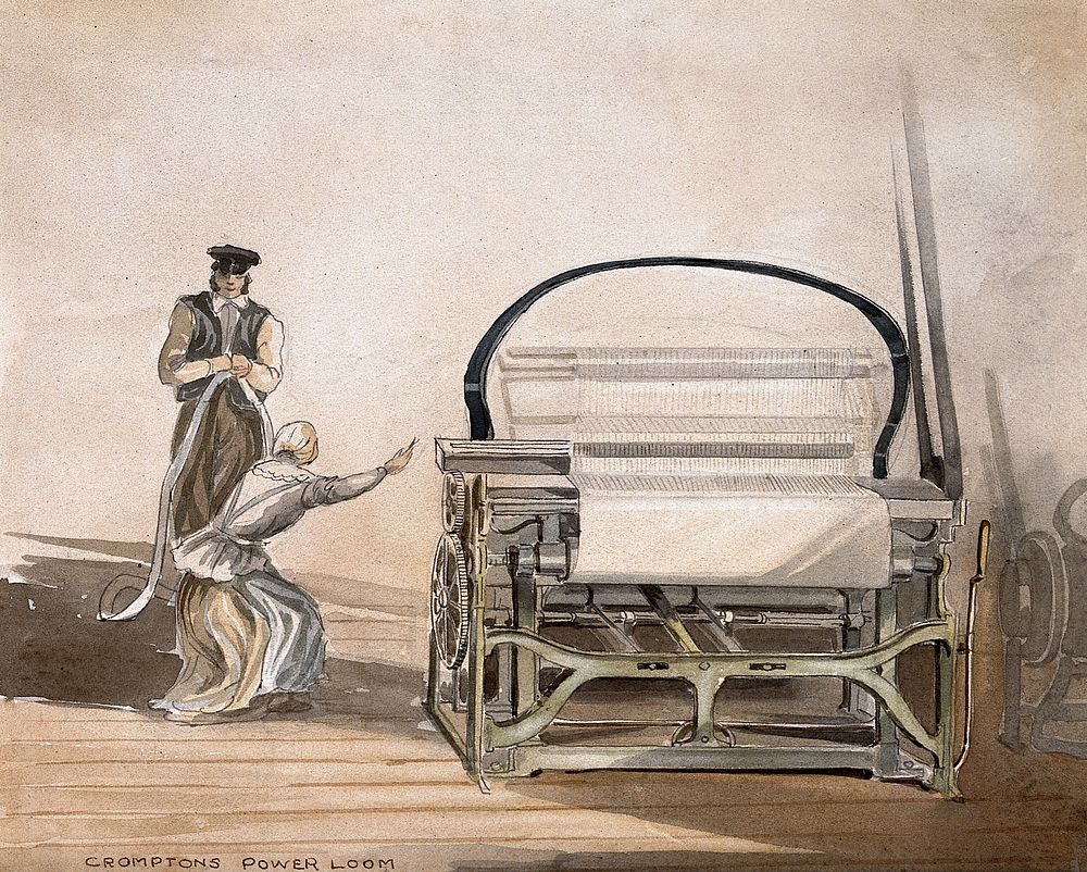 Textiles: Crompton's belt-driven power loom, with a man standing by and a woman working. Watercolour.