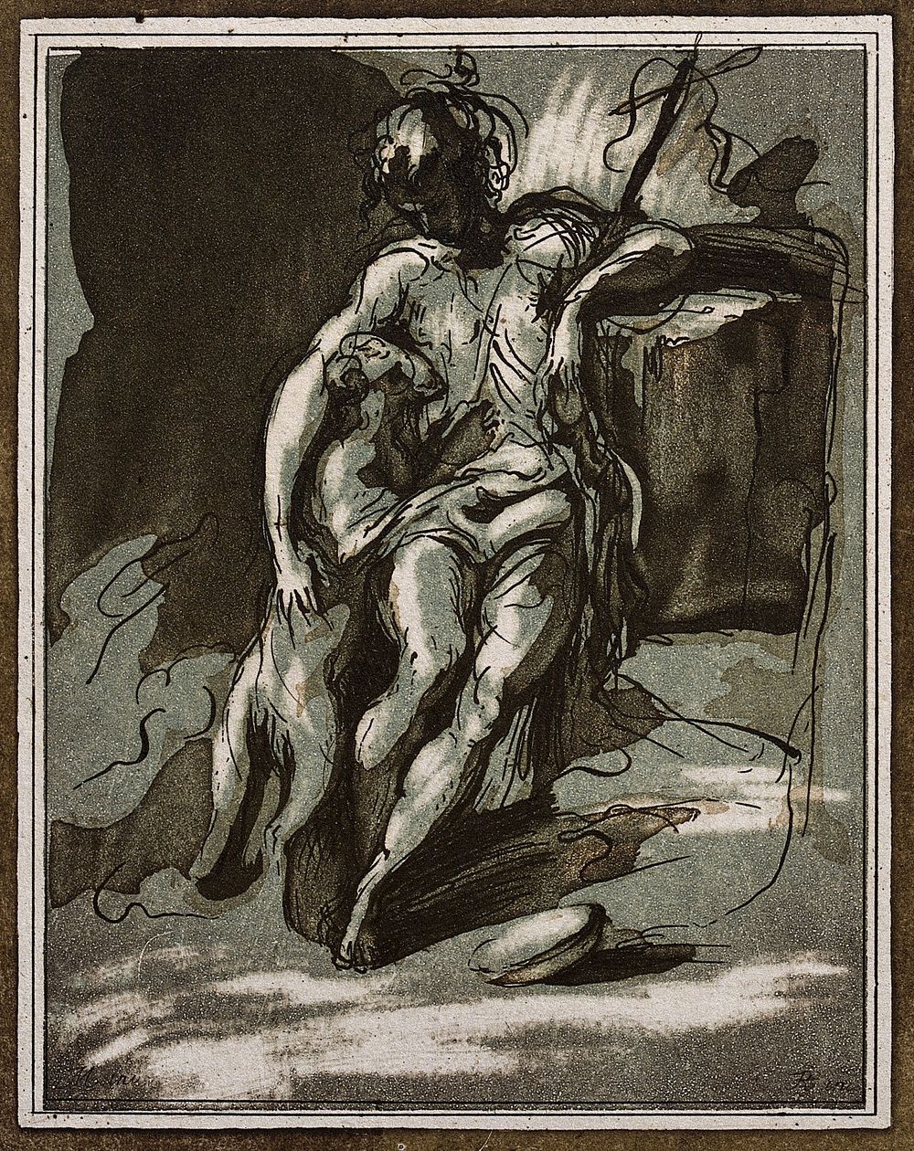 Saint John the Baptist in the wilderness, with a lamb. Colour etching and aquatint by F. Rosaspina after F. Mazzola, il…