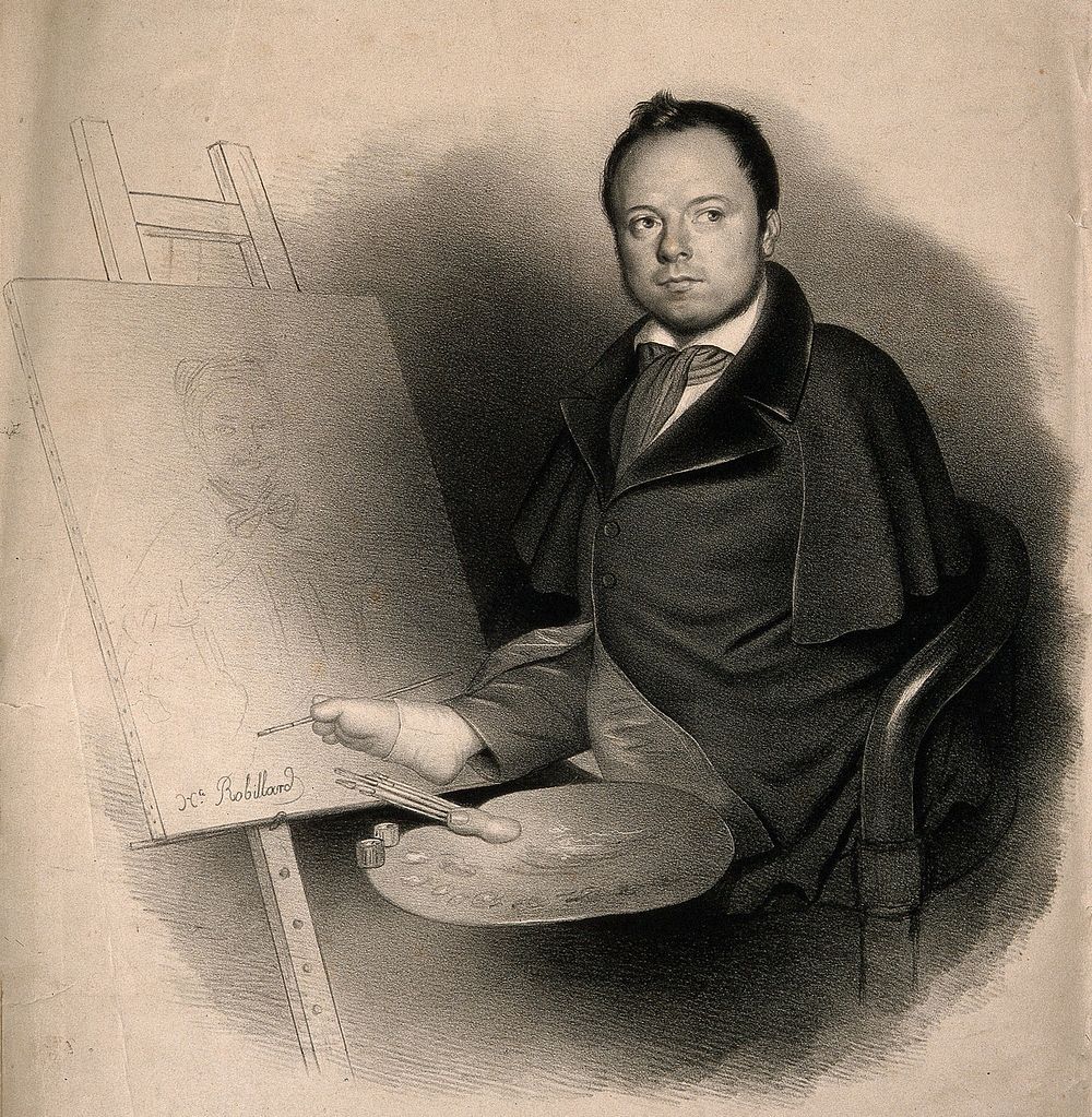 Louis Joseph César Ducornet, an artist born without arms. Lithograph by H. Robillard.