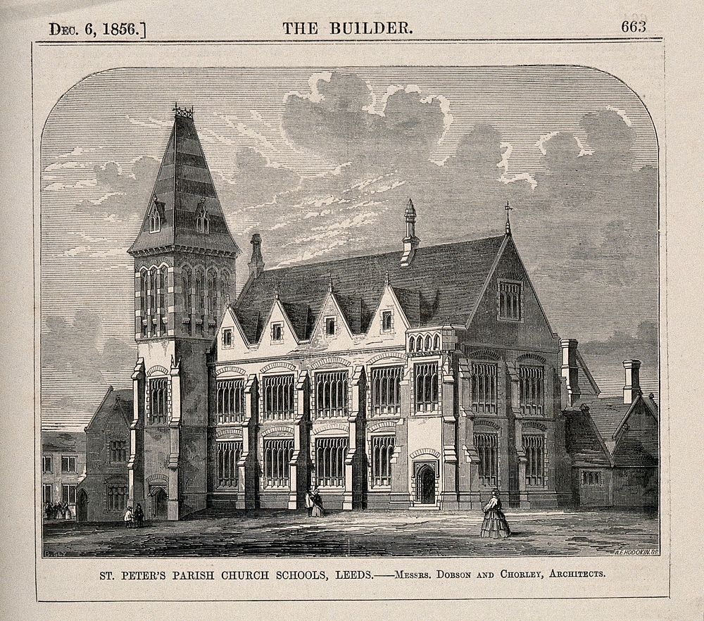 St. Peter's Parish Church Schools, Leeds, Yorkshire. Wood engraving by W.E. Hodgkin, 1856, after B. Sly after Messrs. Dobson…