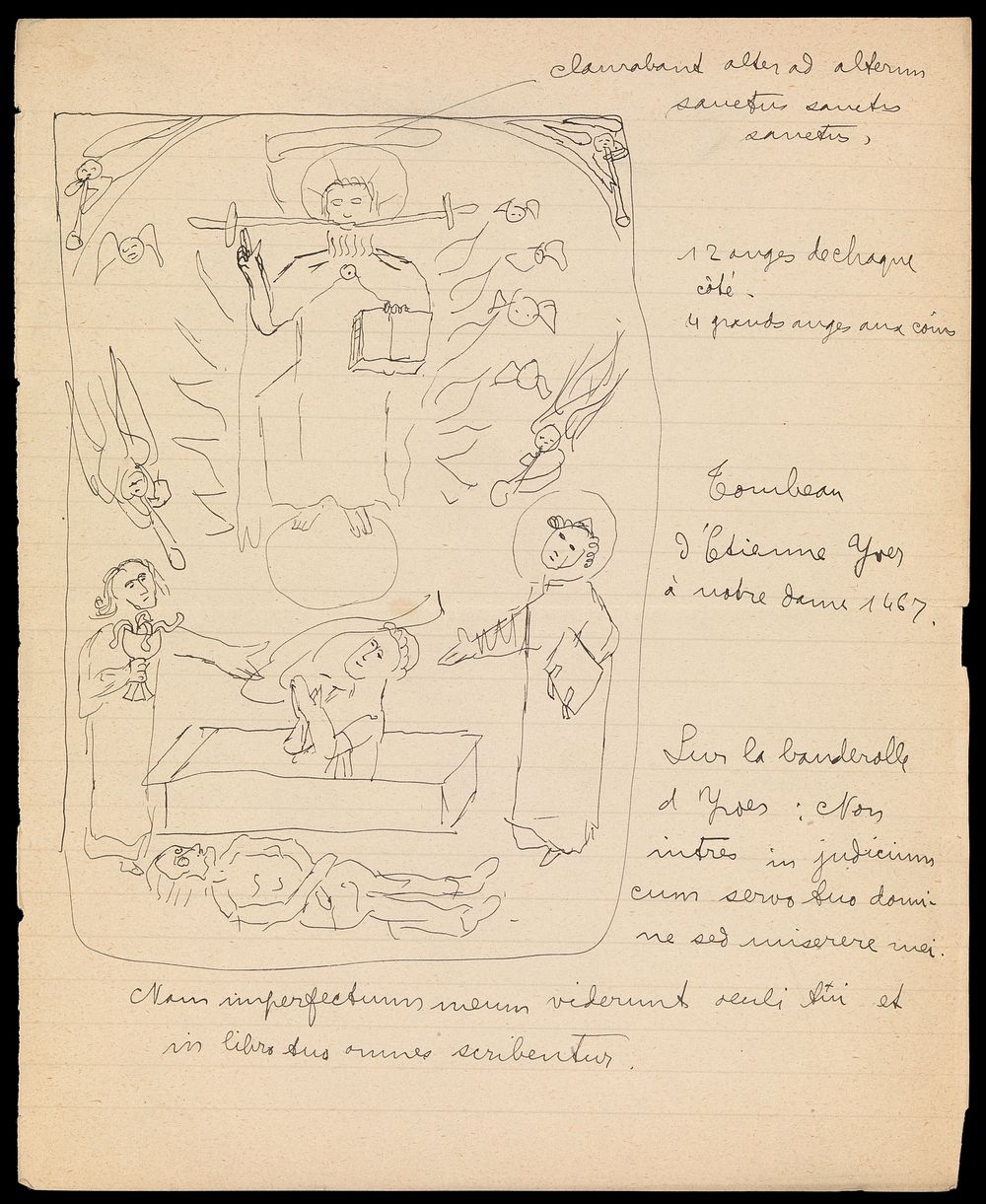 A rough pen-drawing of the tomb of Étienne Yves 1467 in Nôtre Dame de Paris.