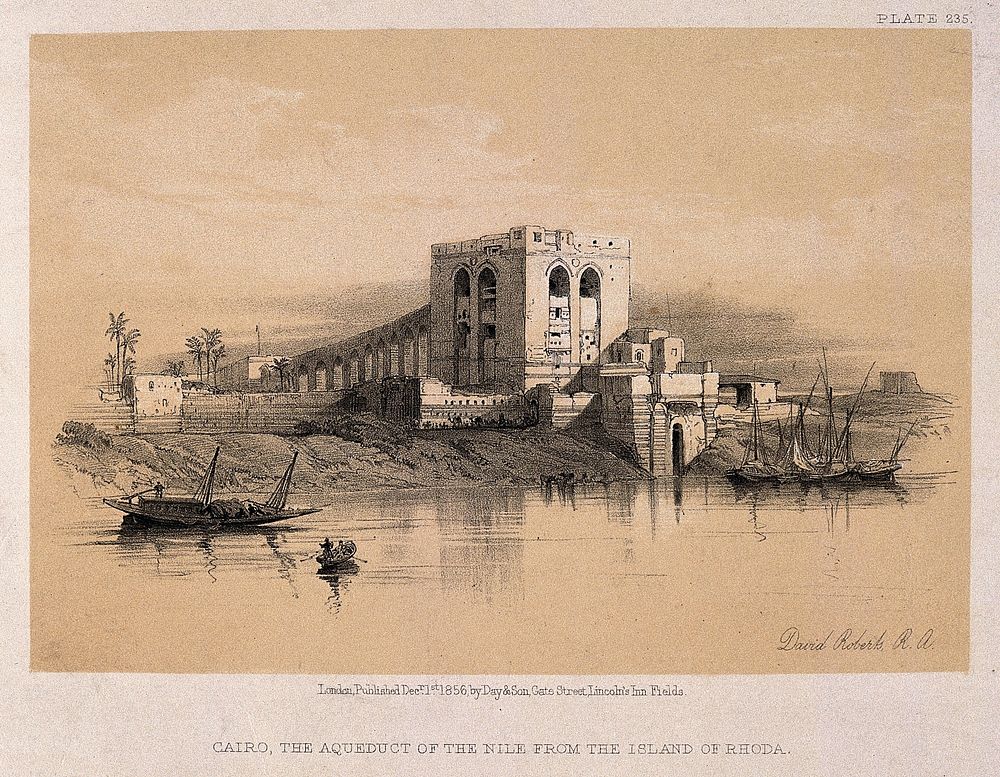 The aqueduct seen from the island of Rhoda, Cairo, Egypt. Lithograph by D. Roberts, 1856.