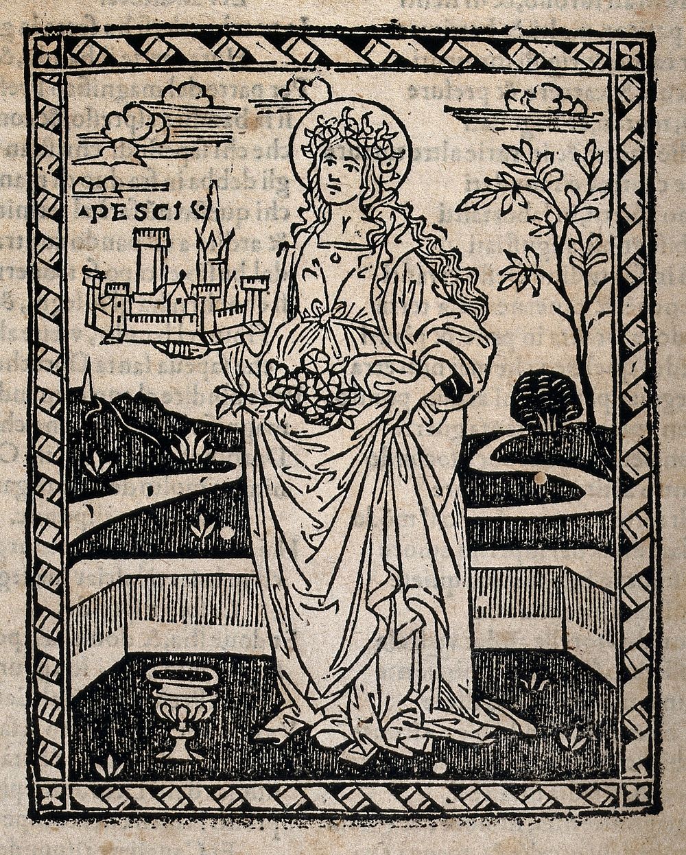 Saint Dorothy: she holds the city of Pescia in her hand. Woodcut.