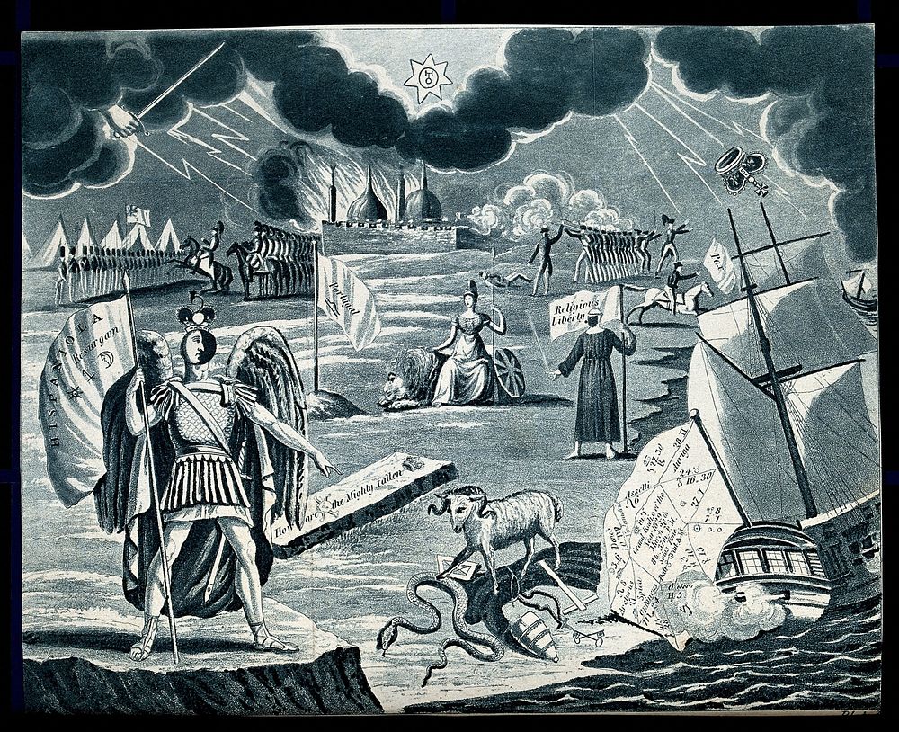 Astronomy: various apocalyptic scenes, including a firing squad, war, and a sea battle. Coloured lithograph, [c.1828].