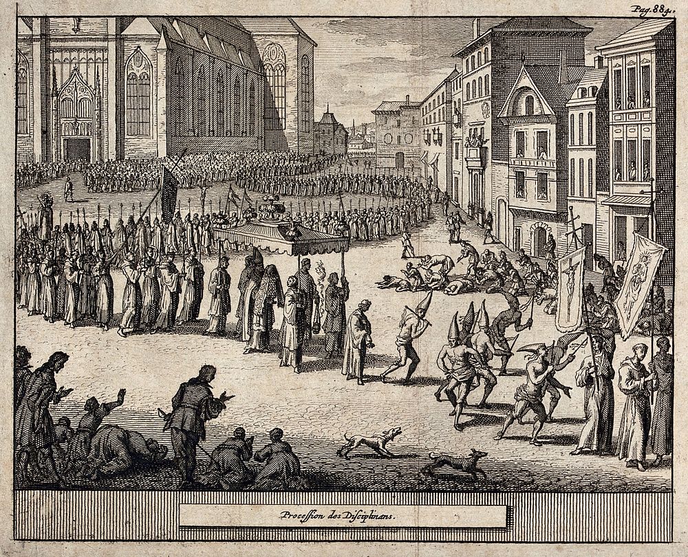 A procession of flagellants. Etching.