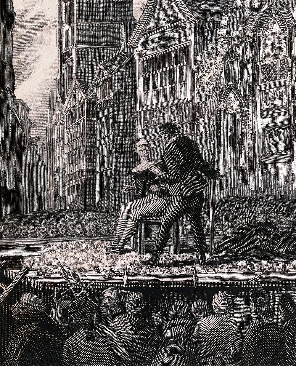 A man about to be beheaded on a scaffold surrounded by a crowd of spectators. Line engraving with etching.