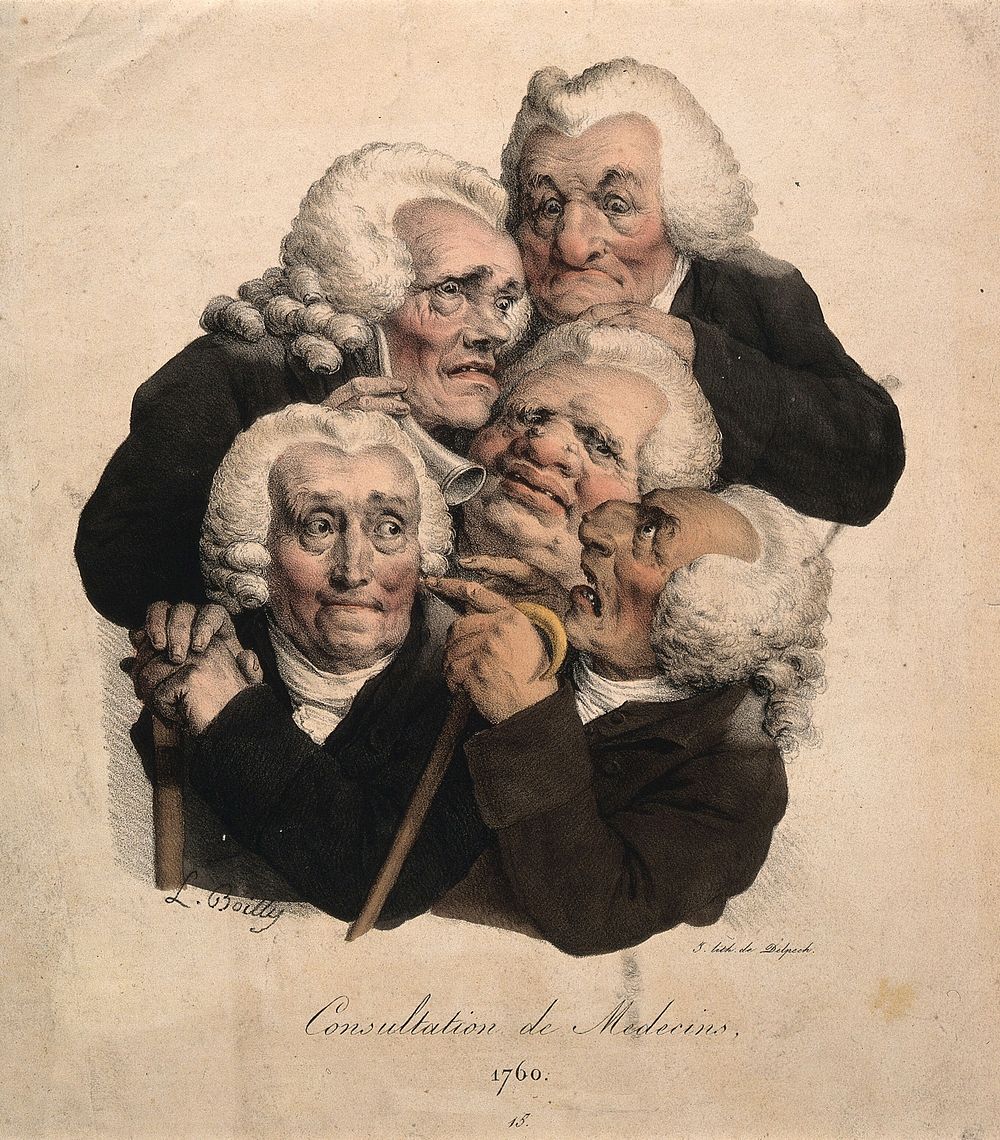 Five decrepit doctors crushed together in consultation. Coloured lithograph by F-S. Delpech after L. Boilly, c. 1823.
