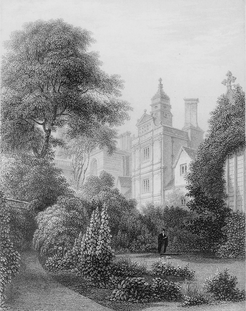 The fellows' garden, Gonville and Caius College, Cambridge. Line engraving by J. Le Keux, 1841, after F. Mackenzie.