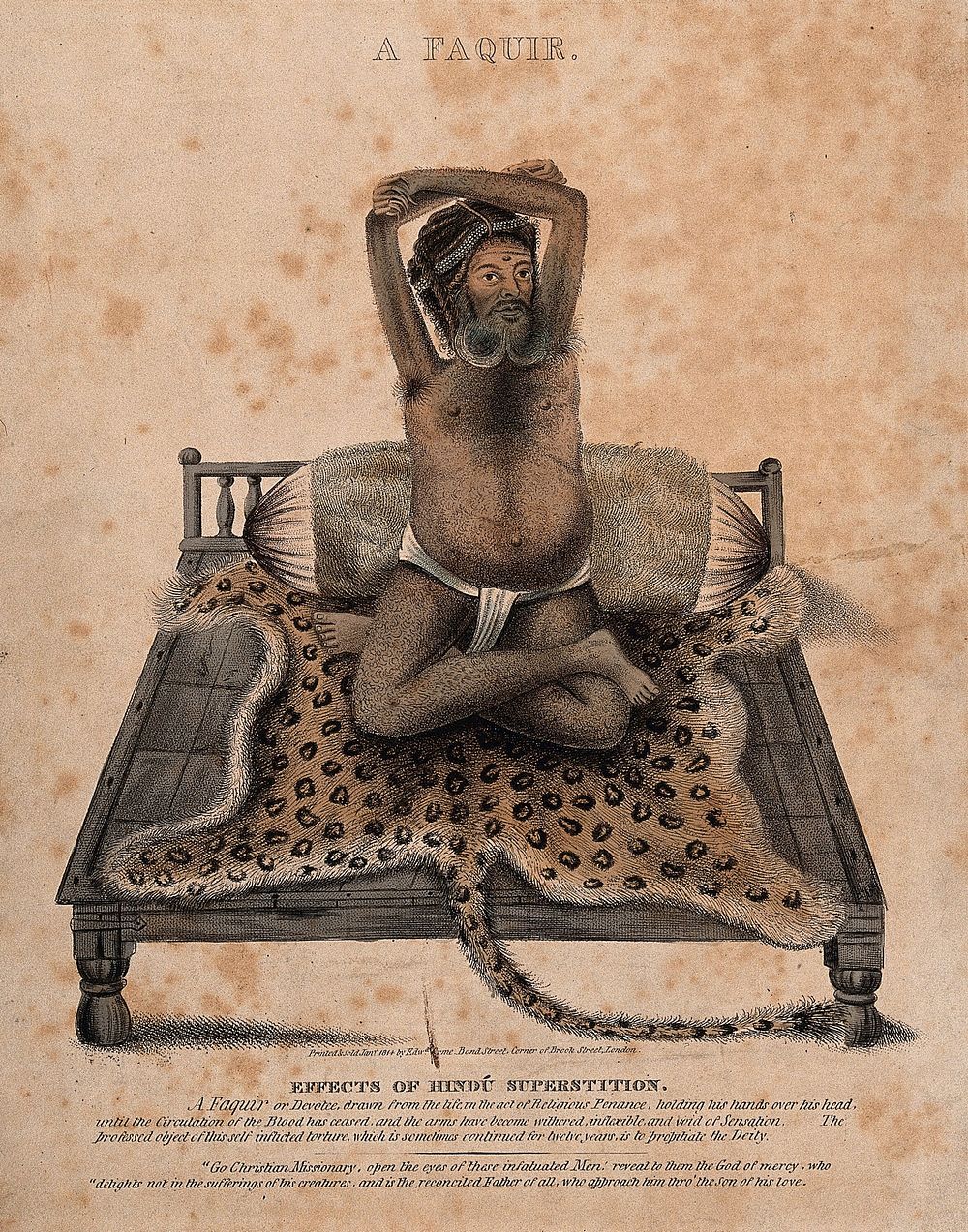 A Hindu ascetic, or holy man: seated in the lotus position on a leopard skin, with withered arms raised above his head.…