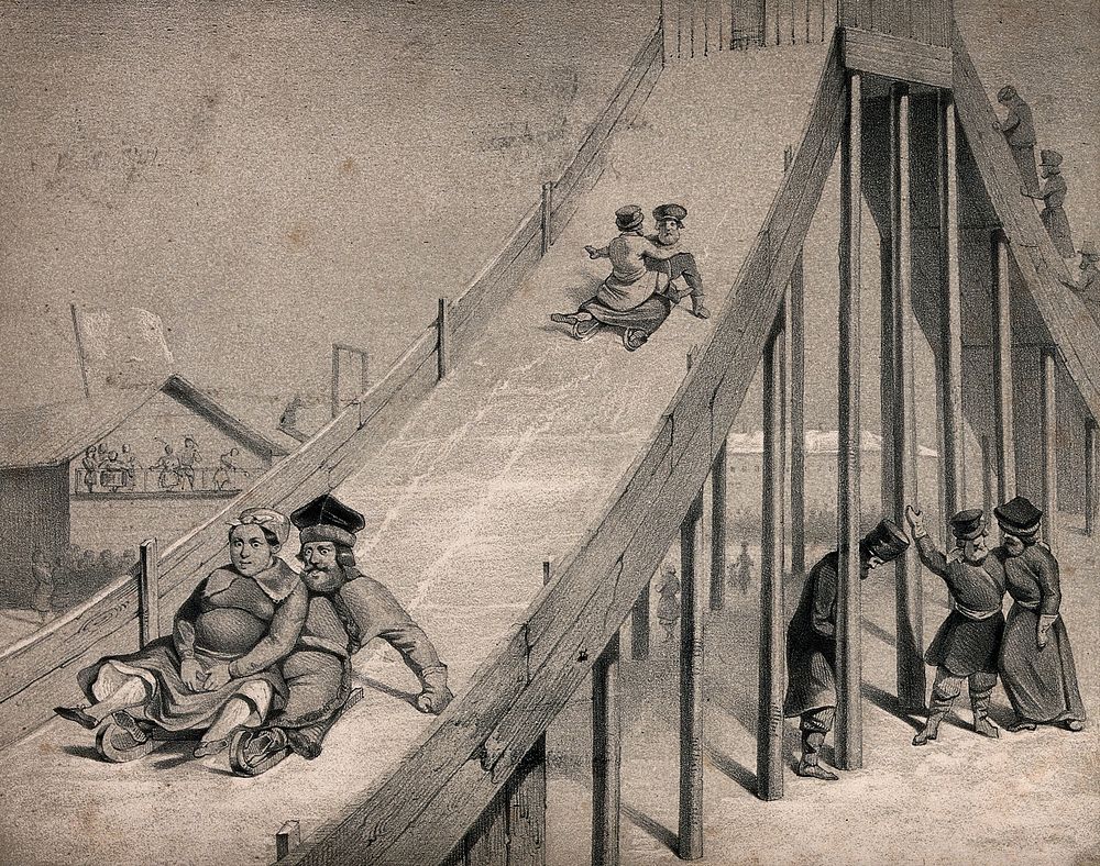 Some people climb up the steps to the top of a slide, others slide down the other side in couples. Lithograph, 18--.