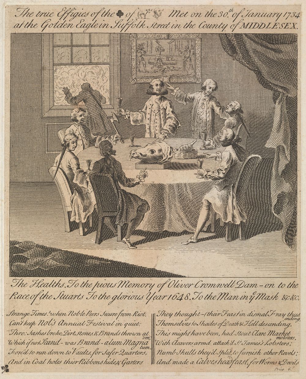 A meeting of a Calves-Head Club for Whig gentlemen who celebrate the execution of King Charles I. Engraving, 1734.