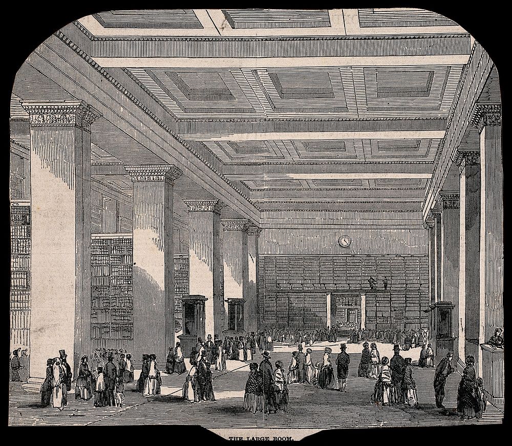 The British Museum: the Large Room (North Library), with many visitors. Wood engraving, 1851.