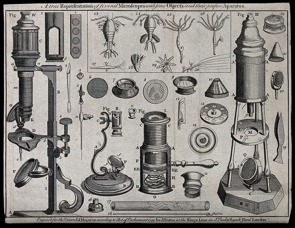 Optics: a variety of microscopes and specimens. Engraving, c.1770.