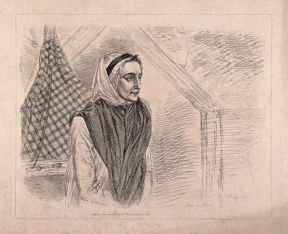Ann Moore, a fraudulent fasting woman. Etching by J. Ward, 1812.