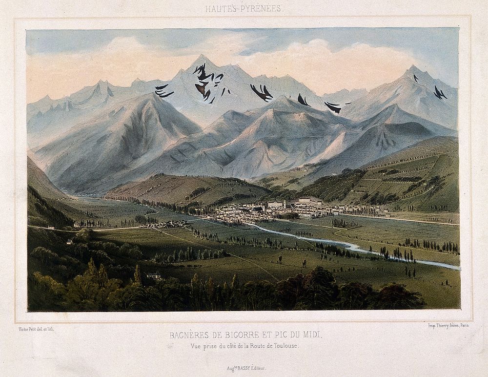 Landscape mountain view of Bagnères de Bigorre at midday. Coloured lithograph by V. Petit after himself.