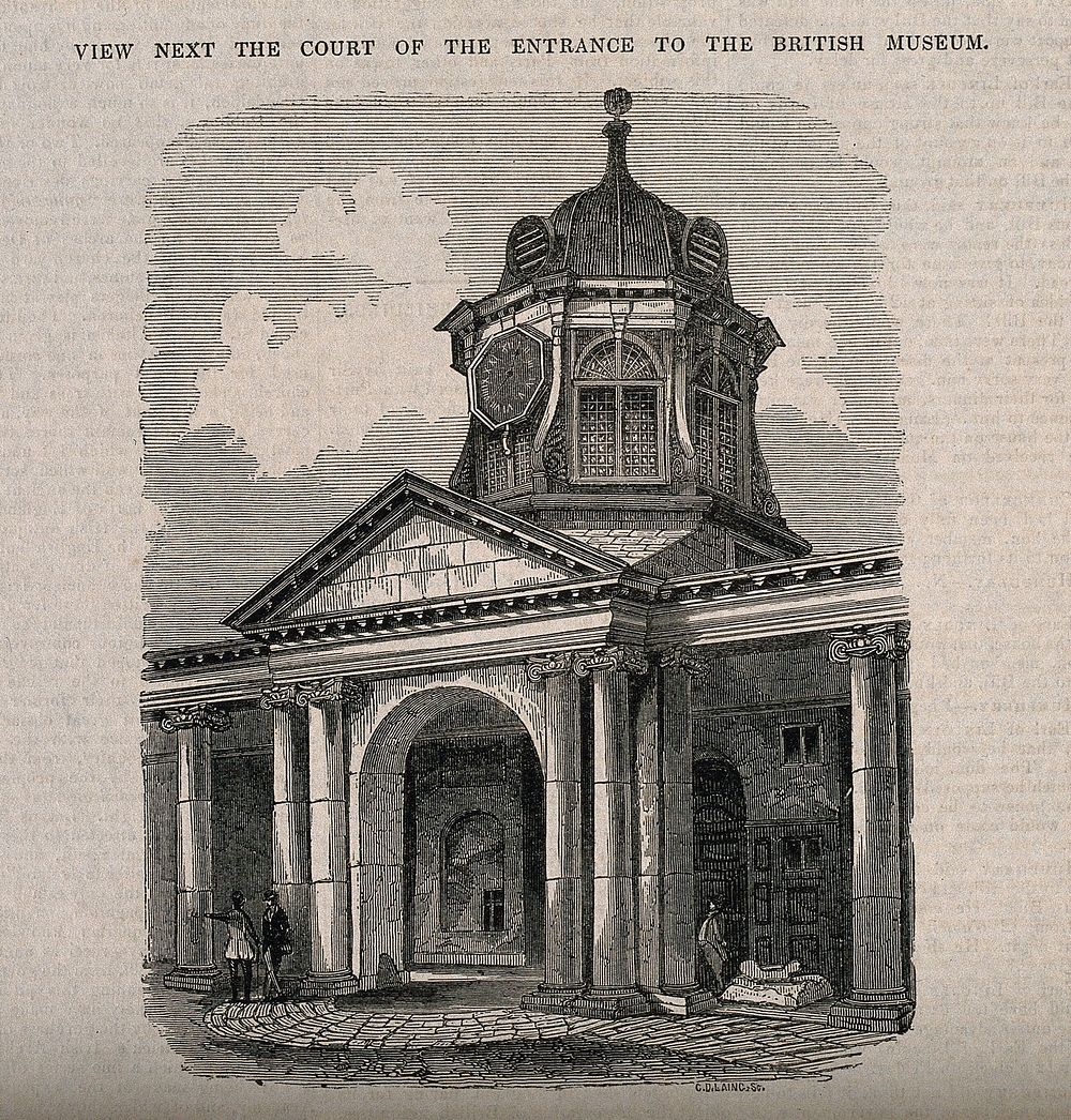 The British Museum at Montague House: the entrance tower, seen from the courtyard. Wood engraving by C. D. Laing, 1844.